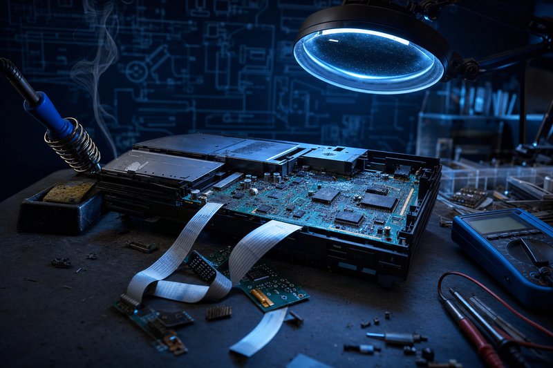 Werkbank für Mod-Chip-Installation und Hardware-Dokumentation